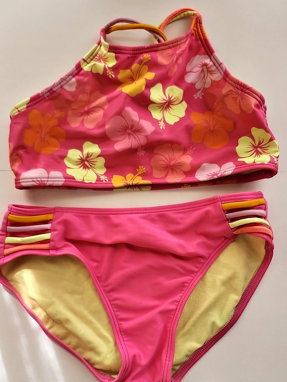 Cat & Jack Girls Pink Floral High-Neck Bikini Set with Multi-Color Straps, Size